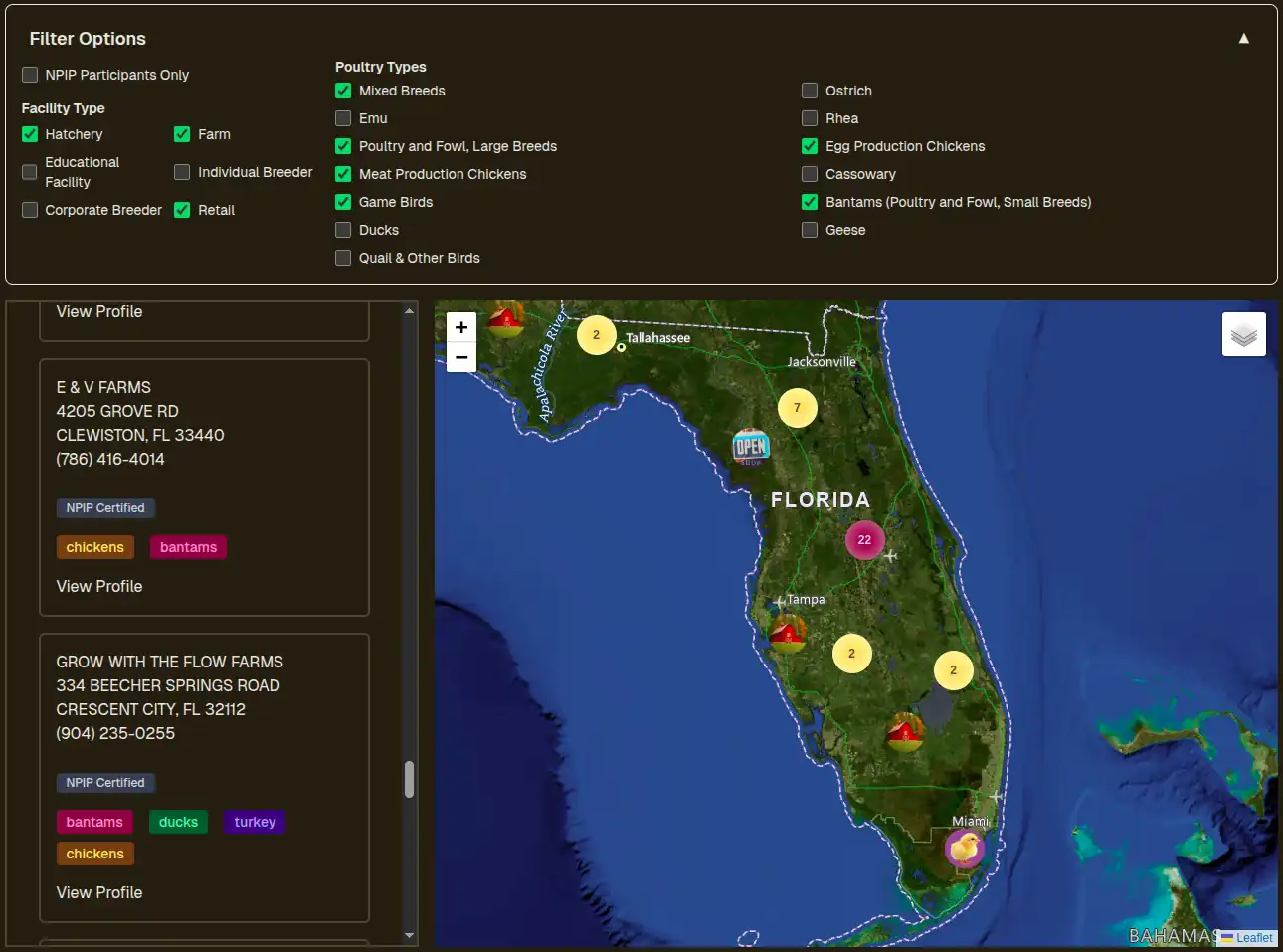 Screenshot of Map of Local Hatcheries and Chicken Farms